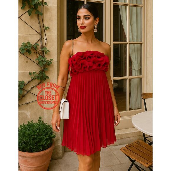 ZARA Red Pleated Mini Dress NWT | Blogger Fave Ruffle Straight Neck - Picture 2 of 16